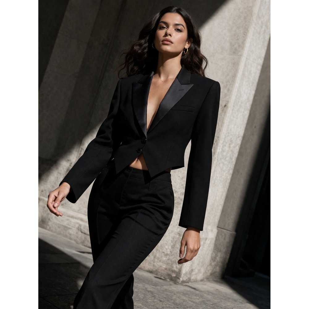 Zara Black Cropped Satin-Lapel Blazer